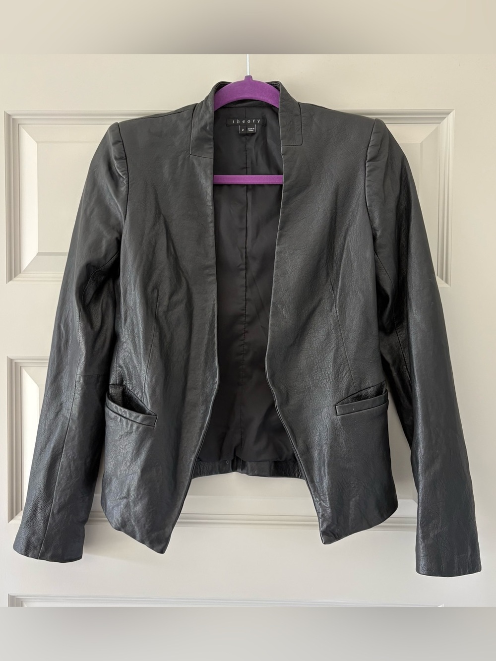 Theory Black Lambs Leather Open Front Collarless Blazer Jacket